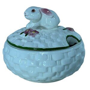 Vintage Avon Rabbit Ceramic Lidded Sugar Bowl Floral Accents Basket Weave Bunny